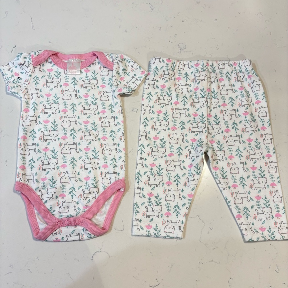 Paris Dreams Baby Girl 2-Piece Set Pink Cat Floral Bodysuit & Pants 3-6M